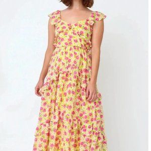 Banjanan Erin Tiered midi Flower Carpet Vibrant Yellow dress size small